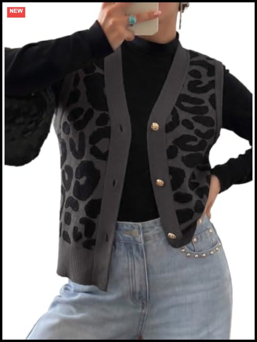 V Neck Button Up Sweater Vest Sleeveless Knit Leopard Print Top